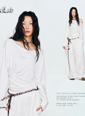 CBXLAB街舞潮牌白色性感露肩辣妹修身长袖压褶藏肉显瘦爵士上衣女
