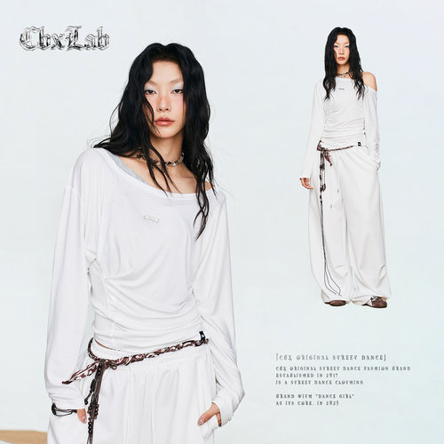 CBXLAB街舞潮牌白色性感露肩辣妹修身长袖压褶藏肉显瘦爵士上衣女