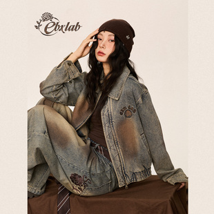 CBXLAB街舞潮牌巧克力做旧脏染美式 牛仔夹克哥特玫瑰刺绣辣妹外套