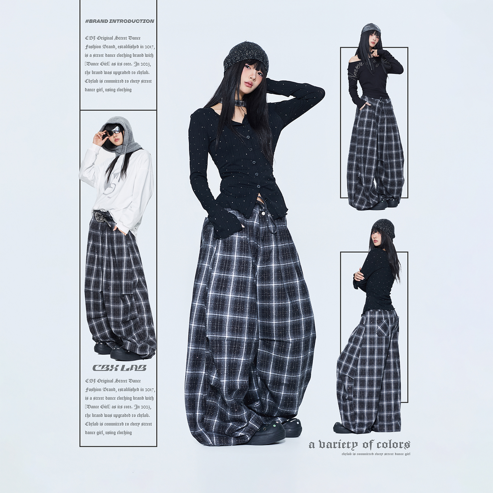 CBXLAB街舞潮牌银河碎钻格纹山本阔腿长裤嘻哈美式复古跳舞运动裤