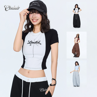 CBXLAB街舞潮牌春季撞色辣妹修身运动上衣美式简约烫钻跳舞短袖女