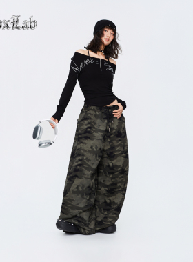 CBXLAB街舞潮牌迷彩针织废土风嘻哈运动裤复古做旧宽松显瘦休闲裤