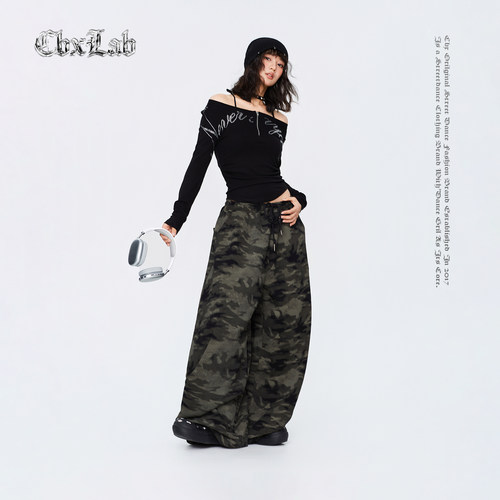 CBXLAB街舞潮牌迷彩针织废土风嘻哈运动裤复古做旧宽松显瘦休闲裤