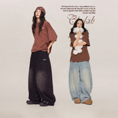 CBXLAB街舞潮牌 嘻哈辣妹复古休闲裤 脏脏风 沙丘废土做旧牛仔长裤