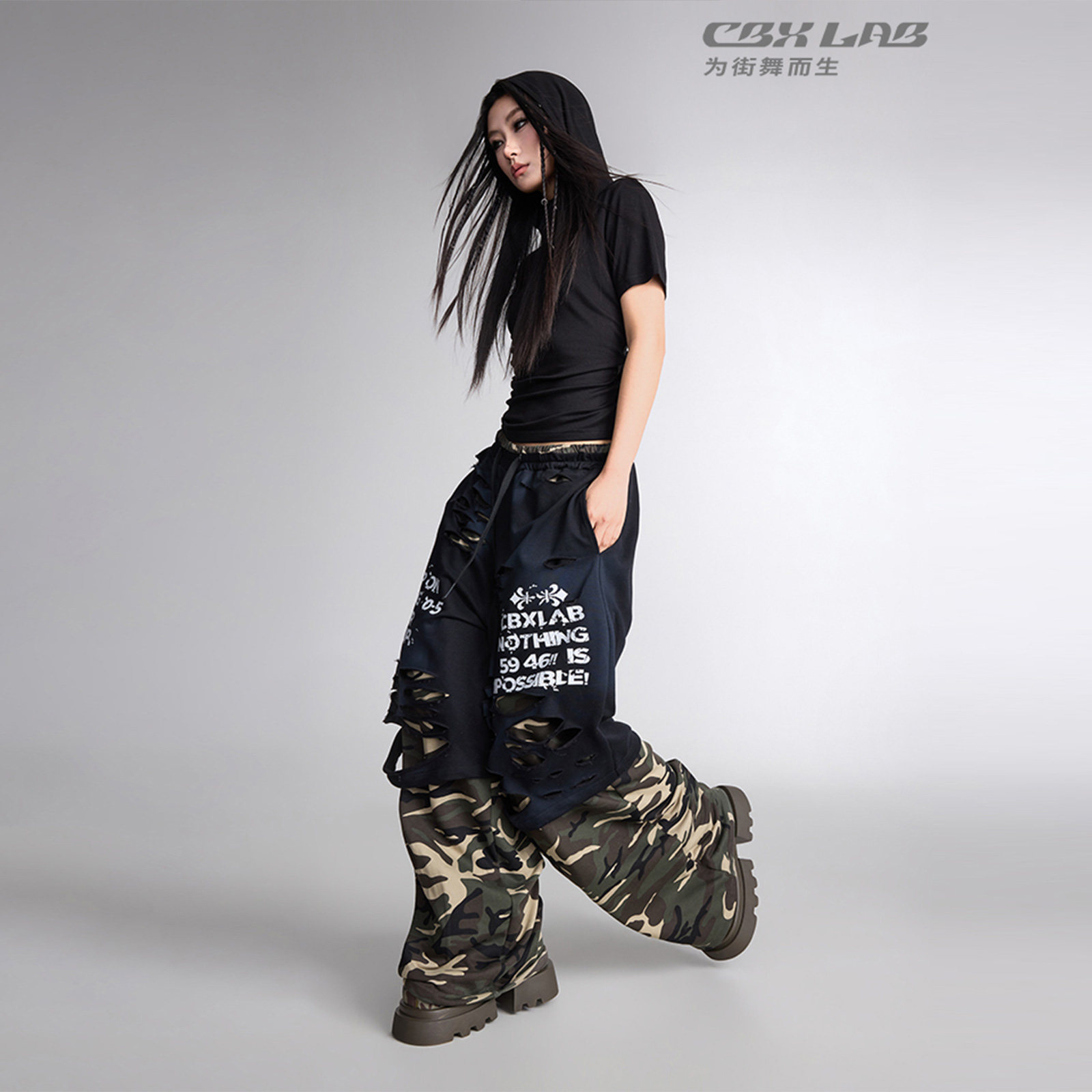 CBXLAB街舞潮牌迷彩假两件破洞印花嘻哈裤拼接撞色做旧高街感长裤