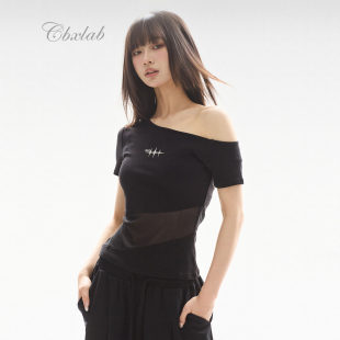 CBXLAB街舞潮牌斜领漏肩网纱拼接性感辣妹短袖美式爵士跳舞小衫女