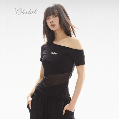 CBXLAB街舞潮牌斜领漏肩网纱拼接性感辣妹短袖美式爵士跳舞小衫女