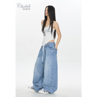 辣妹慵懒休闲裤 CBXLAB街舞潮牌简约复古oversize水洗牛仔长裤 美式