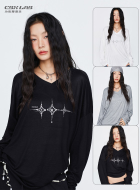 CBXLAB街舞潮牌烫钻LOGO宽松性感罩衫秋冬爵士辣妹简约长袖上衣潮