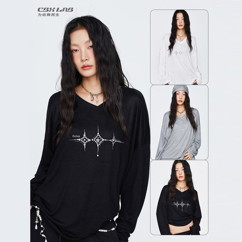 CBXLAB街舞潮牌烫钻LOGO宽松性感罩衫秋冬爵士辣妹简约长袖上衣潮