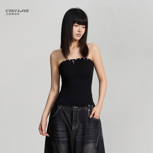 CBXLAB街舞潮牌朋克辣妹金属铆钉弧形抹胸修身显瘦爵士kpop上衣女