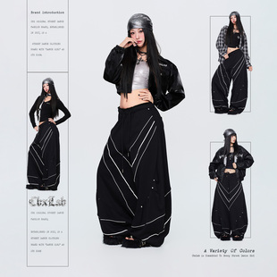 CBXLAB街舞潮牌铆钉嘻哈反光夹线美式运动裤爵士辣妹宽松香蕉长裤