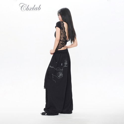 【抒情系列】CBXLAB街舞潮牌蕾丝辣妹短袖蝴蝶破洞爵士抒情长裤潮