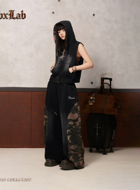 CBXLAB街舞潮牌褪色迷彩拼接套装高街vibe风运动裤针织连帽马甲潮