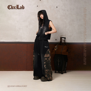CBXLAB街舞潮牌褪色迷彩拼接套装 针织连帽马甲潮 高街vibe风运动裤