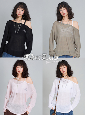 CBXLAB街舞潮牌性感斜肩微透肌理感长袖美式辣妹系绳显瘦罩衫上衣