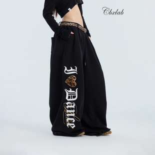 CBXLAB街舞潮牌豹纹超宽松哥特印花爱心贴布绣花街头嘻哈爵士长裤