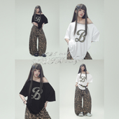 复古薄款 早秋美式 运动裤 CBXLAB街舞潮牌斜肩豹纹印花性感辣妹短袖