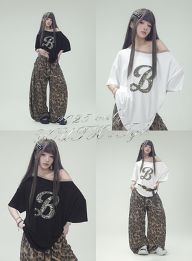 CBXLAB街舞潮牌斜肩豹纹印花性感辣妹短袖早秋美式复古薄款运动裤
