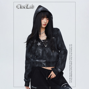 CBXLAB街舞潮牌复古肌理美式冬季连帽外套短款爵士辣妹卫衣开衫女