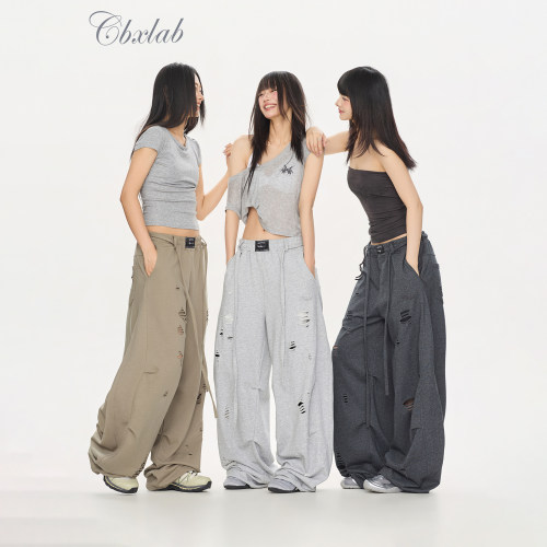 CBXLAB街舞潮牌做旧破洞垂感卫裤个性潮流街头复古宽松嘻哈长裤女