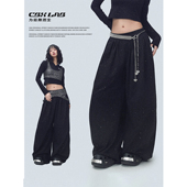 CBXLAB街舞潮牌黑色简约百褶闪片嘻哈阔腿长裤 爵士辣妹跳舞休闲裤