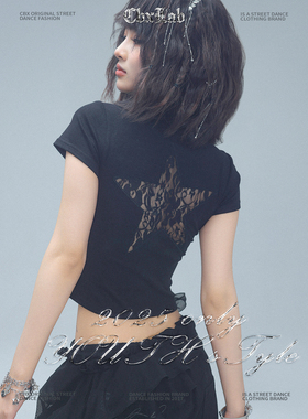 CBXLAB街舞潮牌黑色星星蕾丝镂空拼接短袖夏季甜酷亲肤修身上衣女