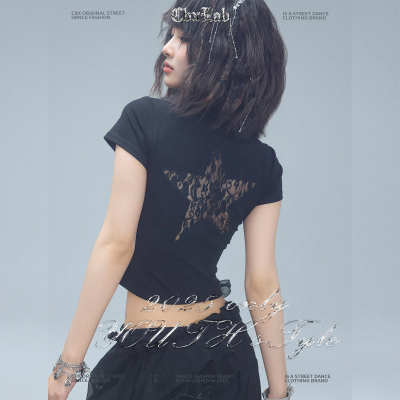 CBXLAB街舞潮牌黑色星星蕾丝镂空拼接短袖夏季甜酷亲肤修身上衣女