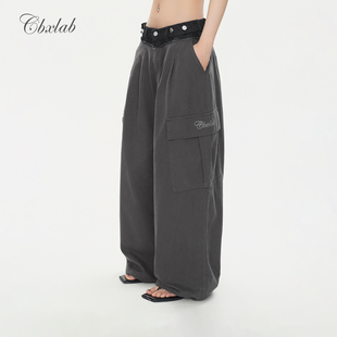 潮 复古重工休闲裤 CBXLAB街舞潮牌机能辣妹假两件牛仔拼接工装 长裤