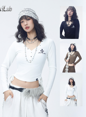 CBXLAB街舞潮牌早秋辣妹修身正肩显瘦长袖侧缝系绳V领爵士上衣女