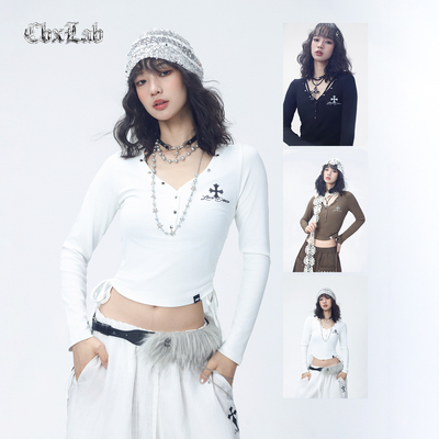 CBXLAB街舞潮牌早秋辣妹修身正肩显瘦长袖侧缝系绳V领爵士上衣女