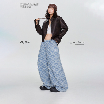 CBXLAB街舞潮牌流浪毛边废土星星牛仔长裤复古做旧嘻哈个性休闲裤