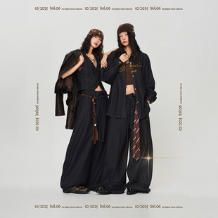 CBXLAB街舞潮牌条纹经典跳舞牛仔套装老钱风美式衬衫复古街头长裤