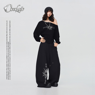 跳舞慵懒罩衫 斜肩宽松收腰显瘦辣妹长袖 烫钻图腾 CBXLAB街舞潮牌