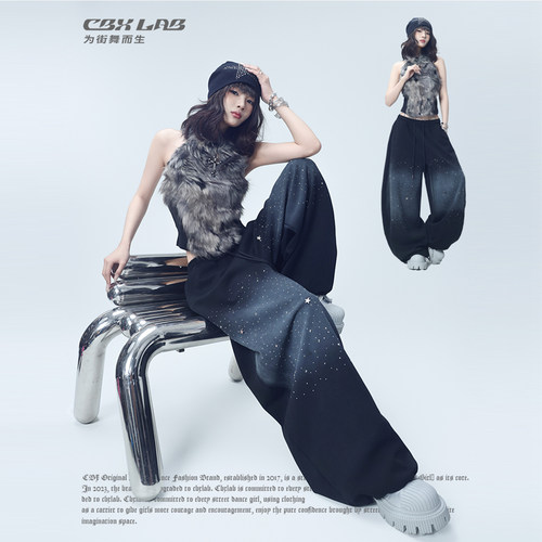 CBXLAB街舞潮牌黑色烫钻星空渐变辣妹复古长裤嘻哈美式街头运动裤