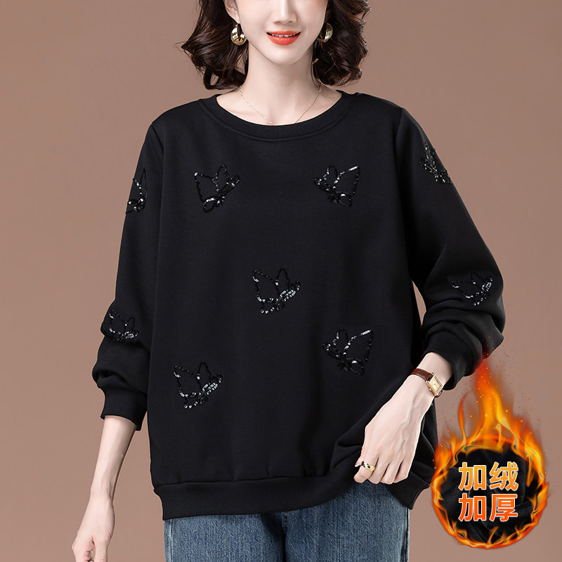 加绒卫衣女秋冬款大码女装宽松中年妈妈洋气遮肚显瘦保暖加厚外套
