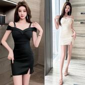 吊带裹胸小开叉包臀连衣裙夜店spa桑拿性感显瘦遮肚新款 工作服女