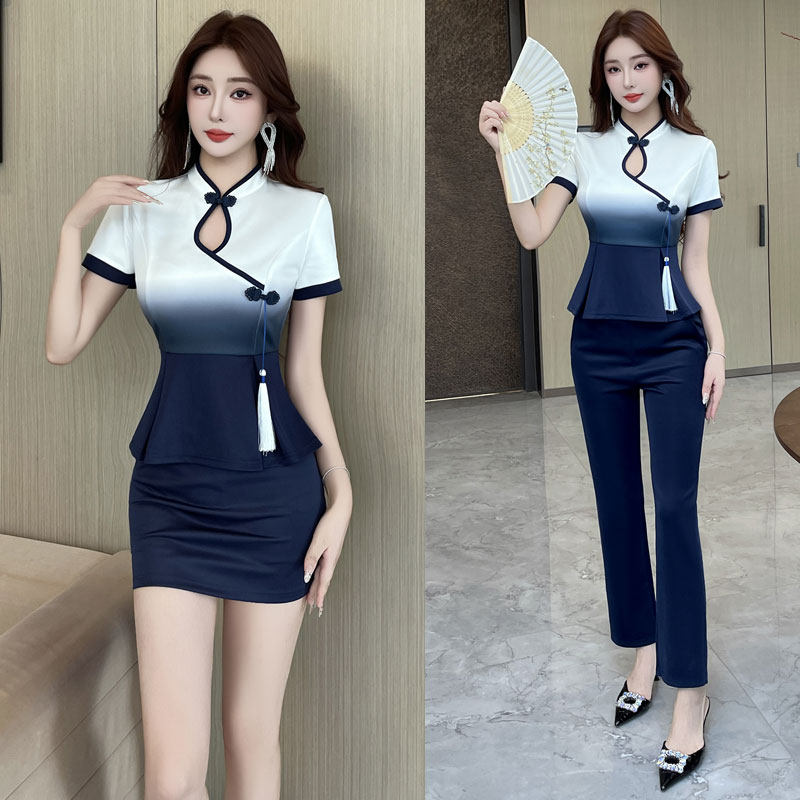 晕染高端酒店技师工作制服夜店spa足浴时尚修身收腰短裙长裤套装