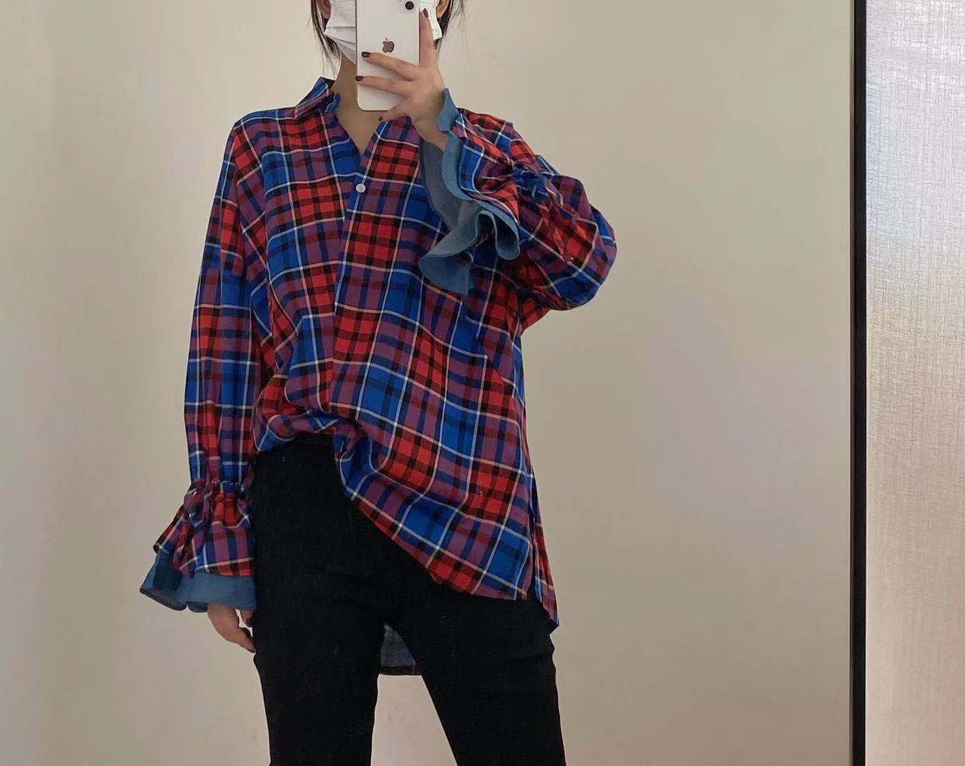 春季新女牛仔拼色格子衬衫灯笼袖均码学院风休闲活力街头棉布