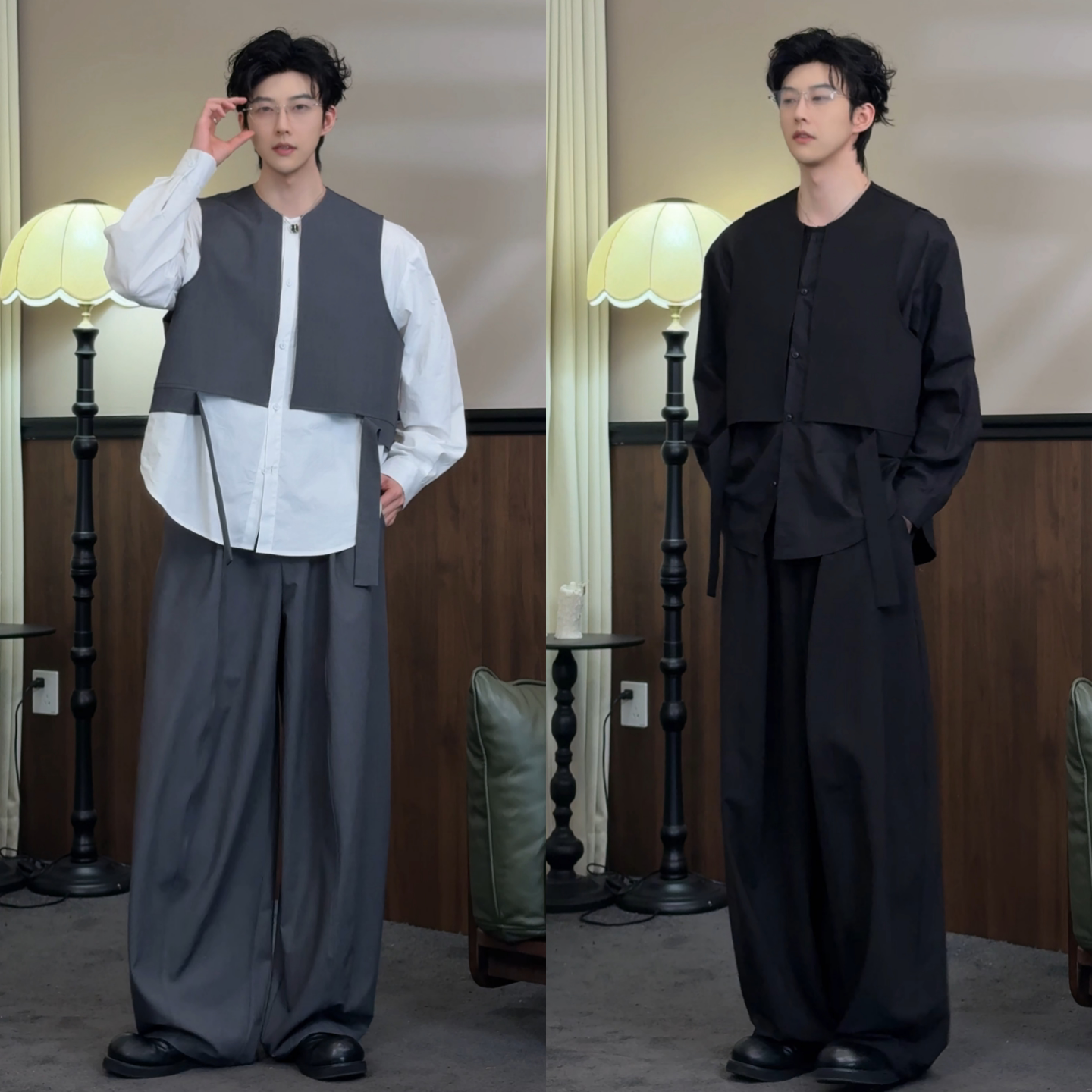 春季男士轻奢立领夹克直筒裤套装