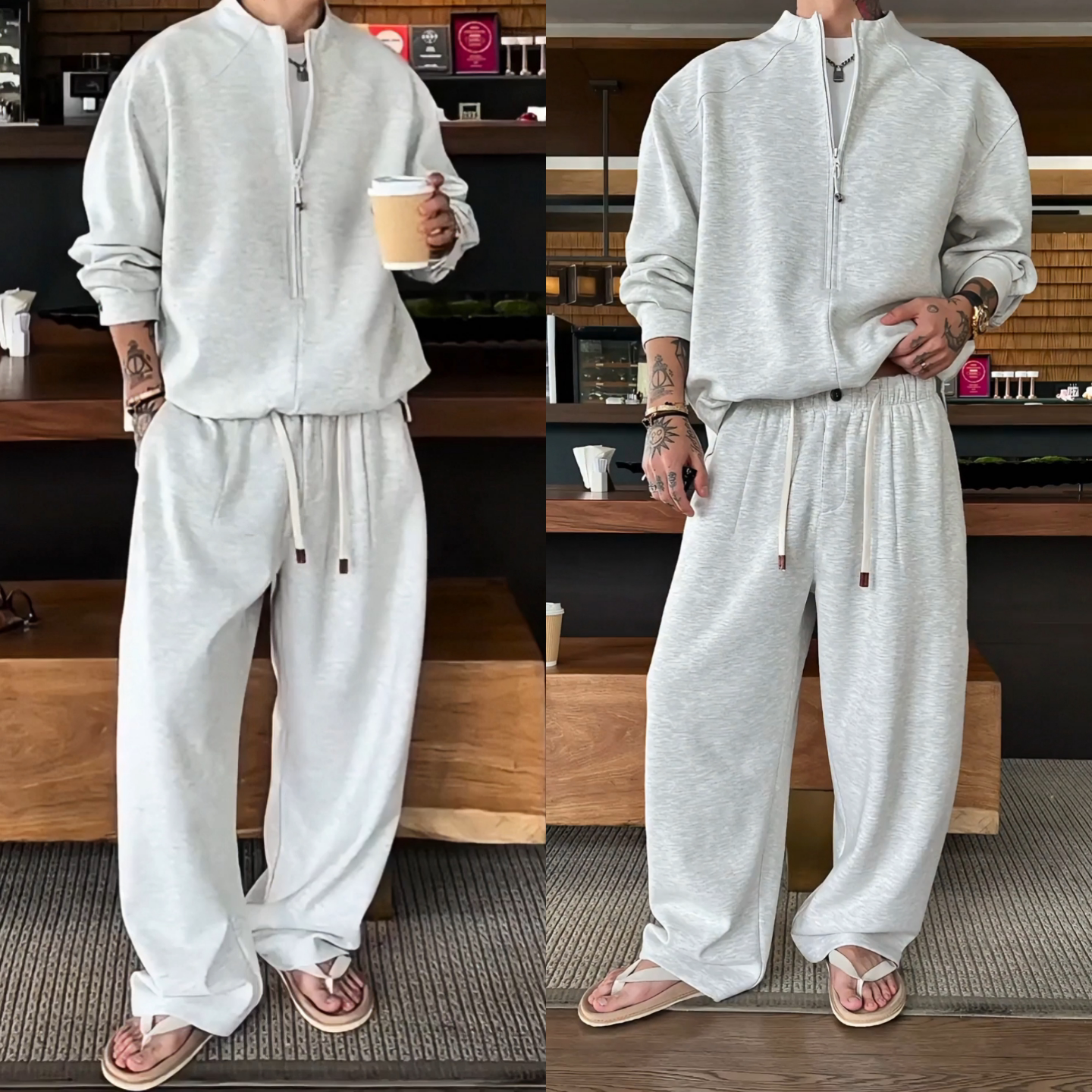 春季新款男士休闲套装假两件立领卫衣宽松长裤时尚潮流舒适两件套