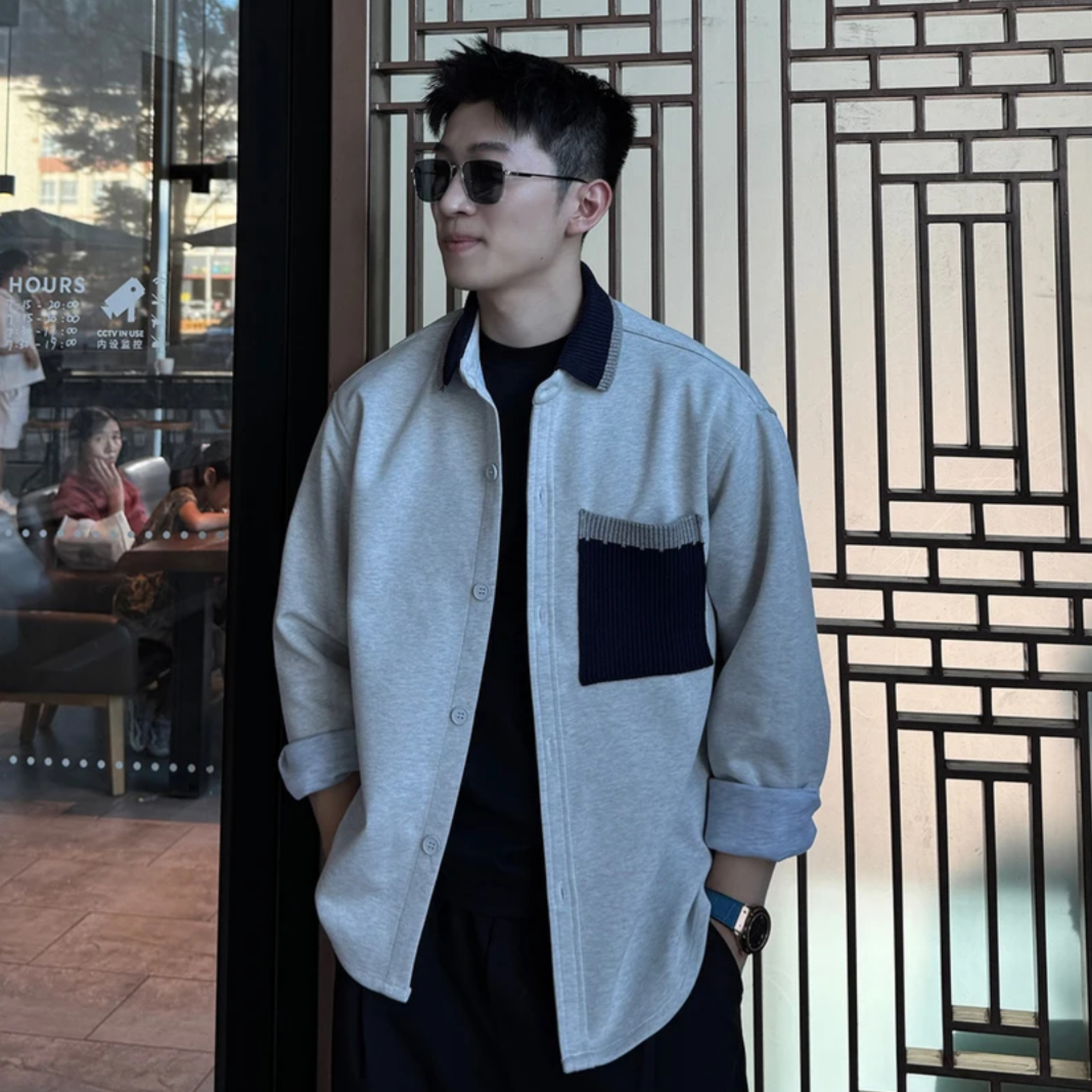 2025早秋季撞色翻领老钱风针织拼接长袖卫衣男士开衫休闲外套上衣