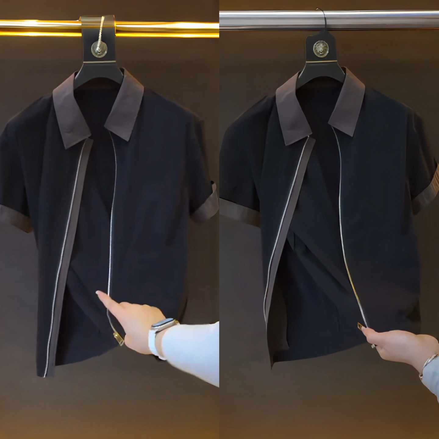 2026年春季新款个性简约风男士翻领短袖夹克拼色拉链外套个性百搭