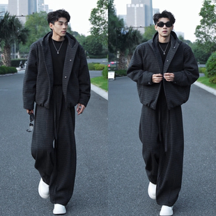 高级感保暖冬季男士连帽加棉外套直筒裤两件套时尚潮流格子套装潮
