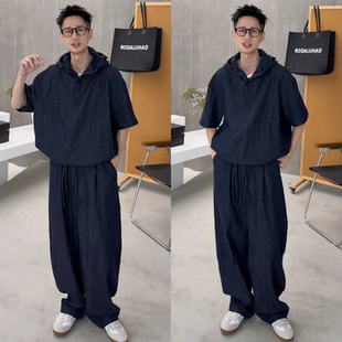 2026年春季新款牛仔潮流风连帽短袖休闲套装男牛仔蓝色直筒休闲裤