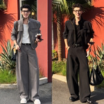 秋季新款痞帅潮流复古工装设计感百搭立领纯色时尚拼接男士套装潮