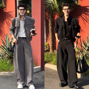 新款 套装 痞帅潮流复古工装 拼接男士 潮 设计感百搭立领纯色时尚 秋季