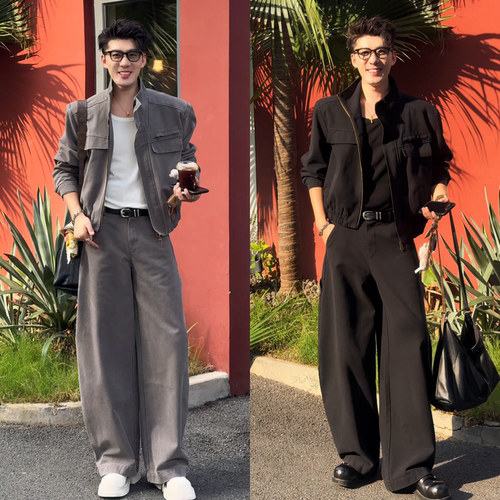 秋季新款痞帅潮流复古工装设计感百搭立领纯色时尚拼接男士套装潮