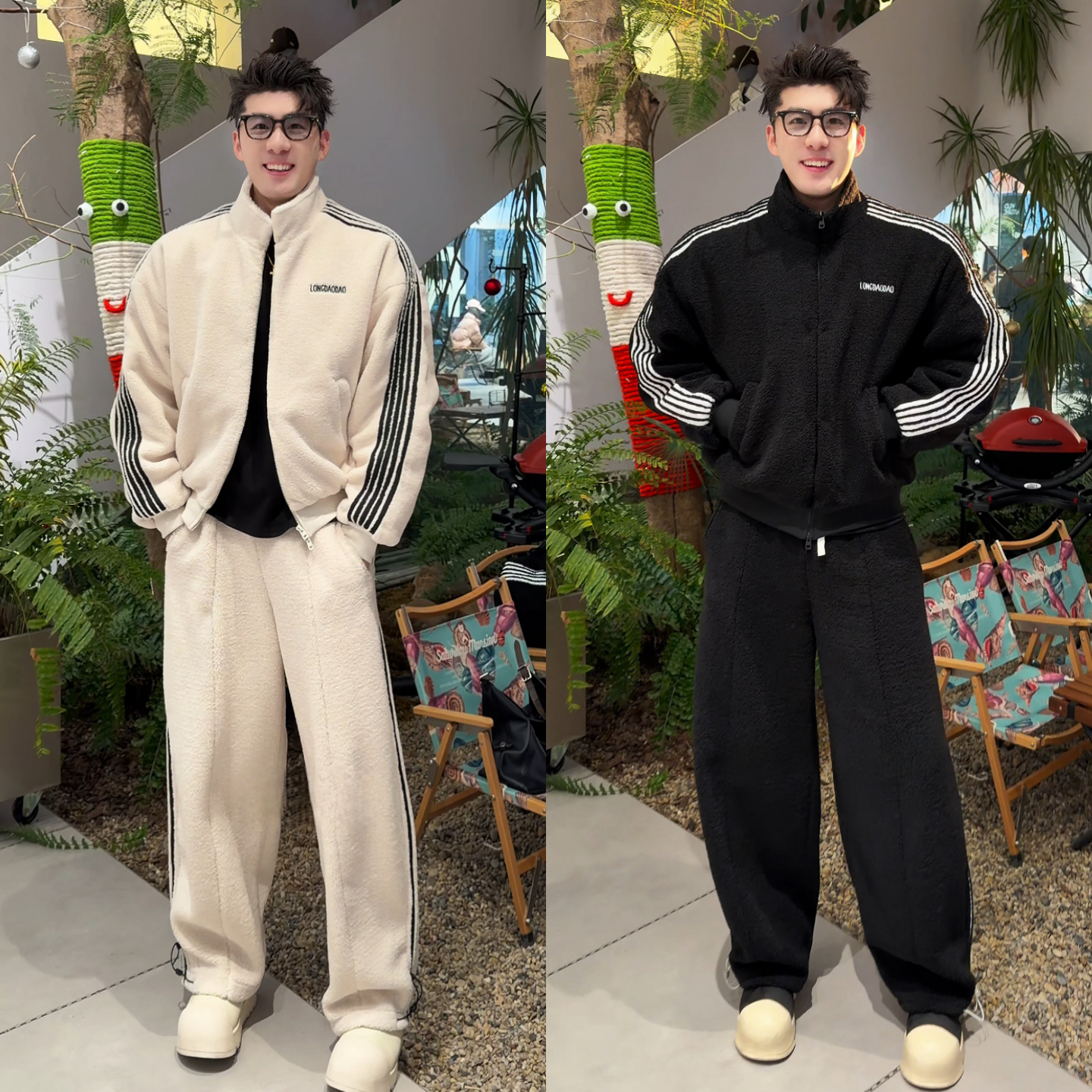 高级感运动套装男士冬季条纹拼接摇粒绒外套长裤慵懒风潮牌两件套