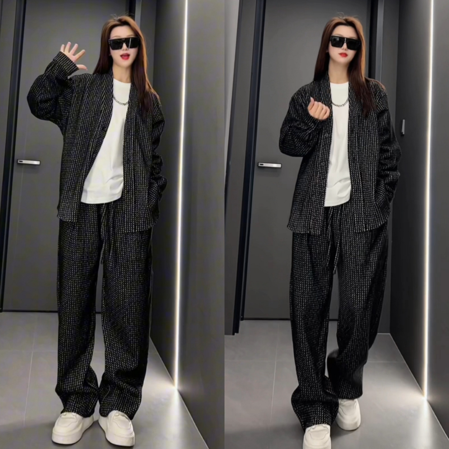 春季新款慵懒风休闲套装男春季长袖外套长裤两件套显瘦宽松款黑色